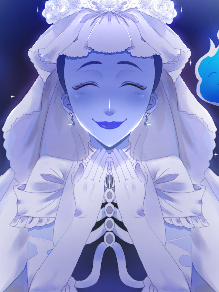 1girl, a-taro_(e-aka), black_hair, blue_fire, blue_lips, blue_skin, closed_eyes, dress