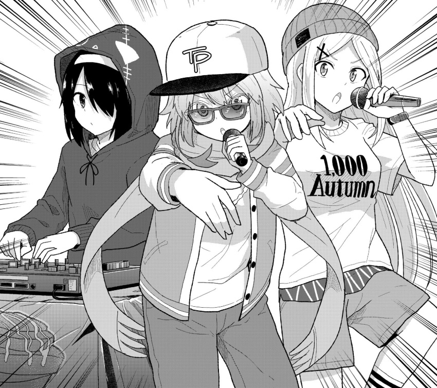 3girls, alternate_costume, baseball_cap, chisaki_tapris_sugarbell, closed_mouth, denim, eyebrows_visible_through_hair, gabriel_dropout