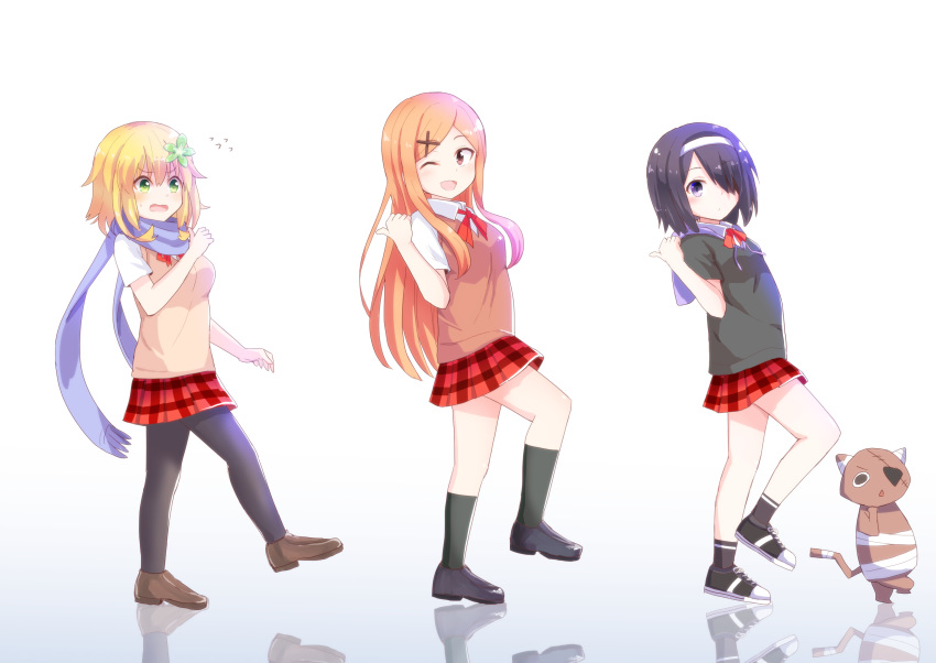 3girls, absurdres, black_footwear, black_hair, black_legwear, blonde_hair, blue_scarf, blush