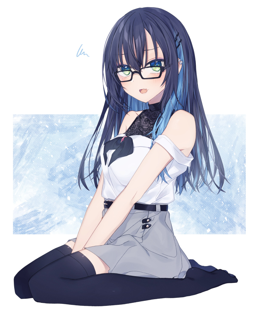 1girl, bangs, bare_shoulders, belt, belt_buckle, between_legs, black-framed_eyewear, black_belt
