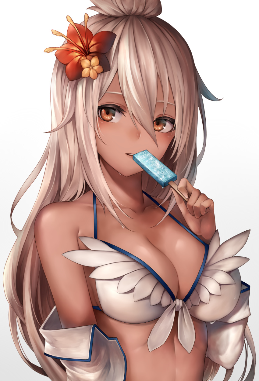 1girl, absurdres, ahoge, bare_shoulders, bikini, breasts, collarbone, dark_skin