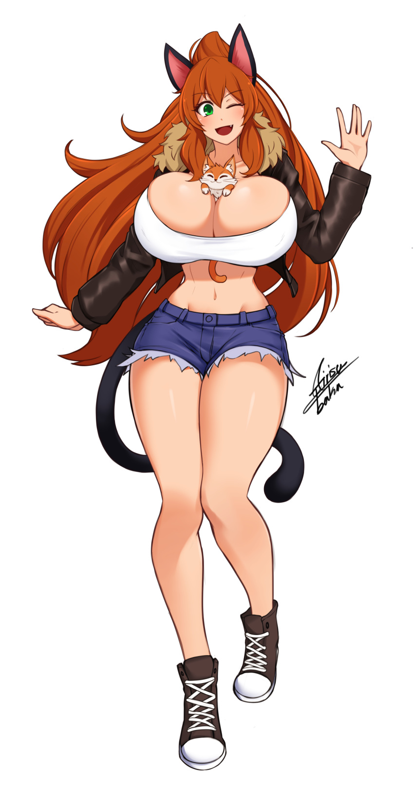 1girl, ;d, absurdres, airisubaka, animal_between_breasts, animal_ears, artist_name, bangs, between_breasts, black_jacket, boots, breasts, brown_hair, cat_ears, cat_tail, commentary, cropped_jacket, cross-laced_footwear, cutoffs, english_commentary, eyebrows_visible_through_hair, fang, full_body, fur_collar, green_eyes, hair_between_eyes, hand_up, highres, huge_breasts, jacket, long_hair, long_sleeves, looking_at_viewer, midriff, navel, one_eye_closed, open_mouth, original, ponytail, short_shorts, shorts, signature, simple_background, smile, solo, tail, very_long_hair, waving, white_background