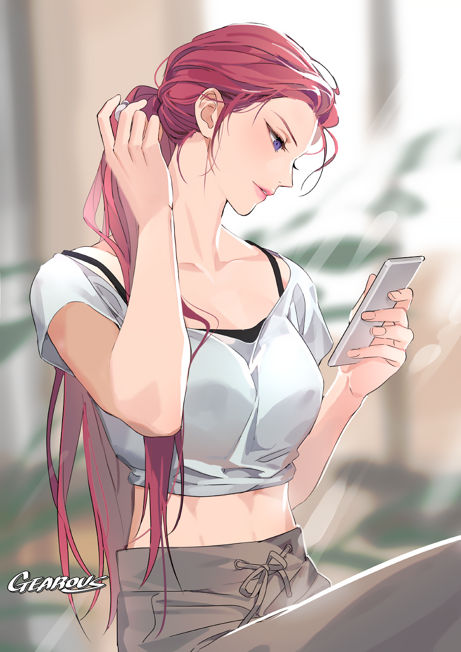 1girl, air_pods, alternate_hairstyle, casual, cellphone, crop_top, gearous, highres, jewelry, lips, long_hair, musashi_(pokemon), pants, phone, pokemon, pokemon_(anime), ponytail, sitting, smartphone, solo, violet_eyes