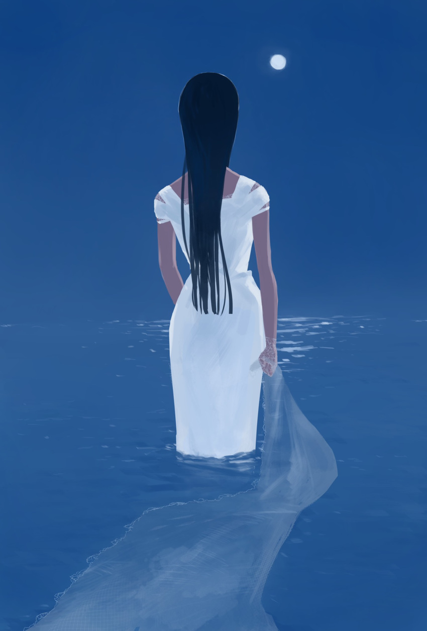 1girl, arm_at_side, black_hair, dark_skin, dress, dyuba000, facing_away, full_moon