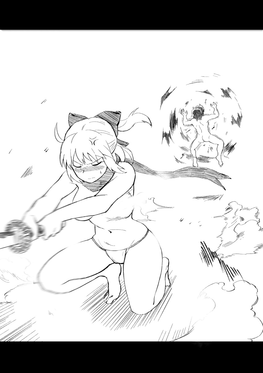 1boy, 1girl, ahoge, anger_vein, ass, barefoot, black_hair, black_ribbon