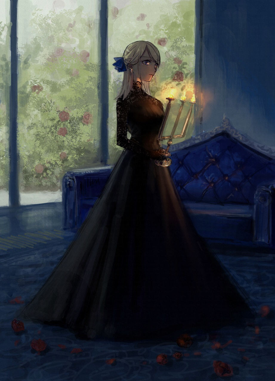 1girl, black_dress, blonde_hair, blue_bow, bow, candlestand, couch, dress, dyuba000, earrings, fire, flame, flower, full_body, hair_bow, highres, indoors, jewelry, long_sleeves, original, standing, violet_eyes