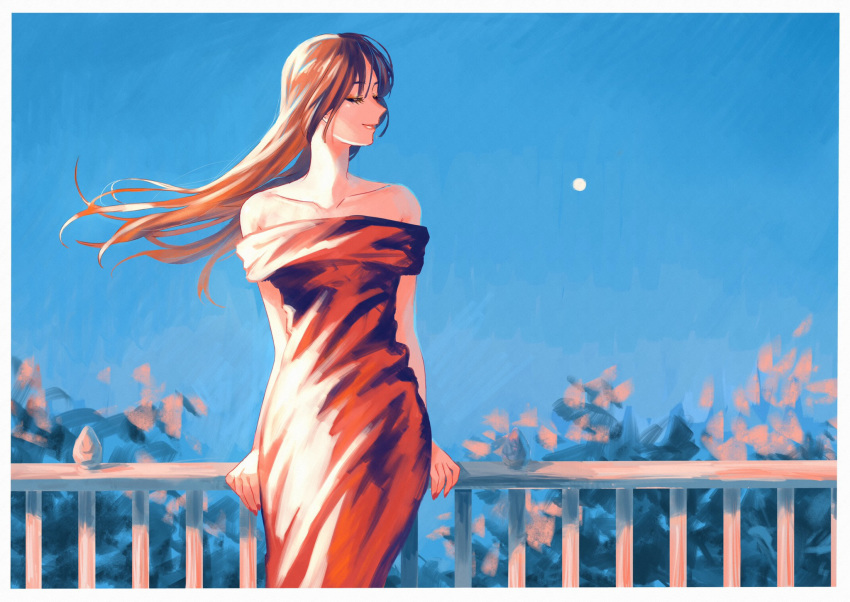 1girl, bare_shoulders, brown_hair, closed_eyes, collarbone, dress, dyuba000, highres