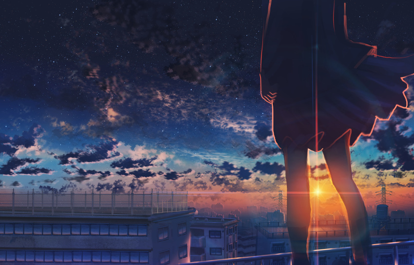 1girl, apartment, arms_at_sides, balcony, building, chain-link_fence, city, cityscape