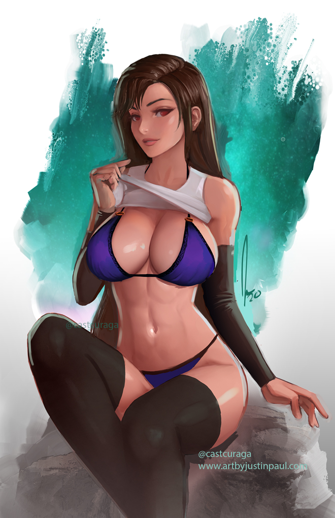 1girl, bangs, bikini, breasts, brown_hair, commentary, crop_top, english_commentary