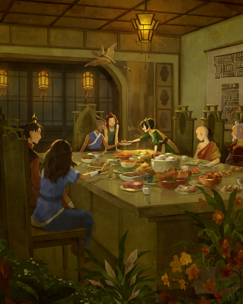 3girls, 4boys, aang, avatar:_the_last_airbender, avatar_legends, bald, beard, black_hair