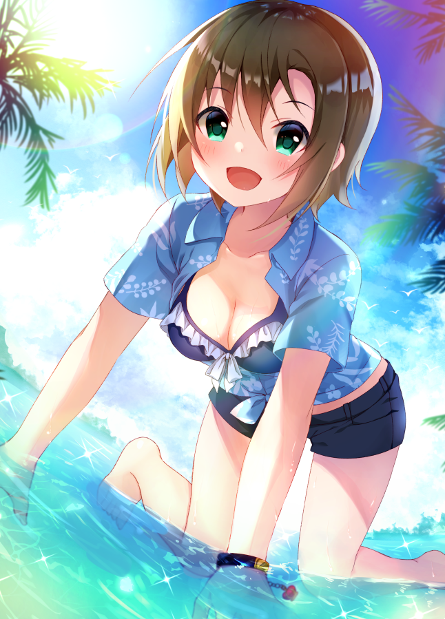 1girl, :d, all_fours, bangs, bikini, bikini_top, blue_bikini, blue_shirt, blue_shorts, blush, bracelet, brown_hair, collarbone, day, dress_shirt, eyebrows_visible_through_hair, frilled_bikini, frills, from_below, green_eyes, hair_between_eyes, idolmaster, idolmaster_cinderella_girls, jewelry, looking_at_viewer, open_clothes, open_mouth, open_shirt, outdoors, print_shirt, rocomani, shiny, shiny_hair, shirt, short_hair, short_shorts, shorts, smile, solo, swimsuit, tada_riina, tied_shirt