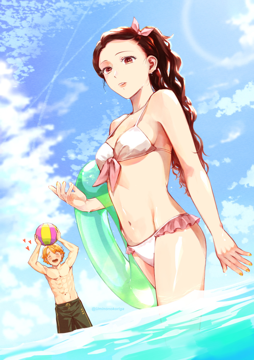 1boy, 1girl, agatsuma_zenitsu, alternate_costume, arms_up, ball, bikini, blonde_hair