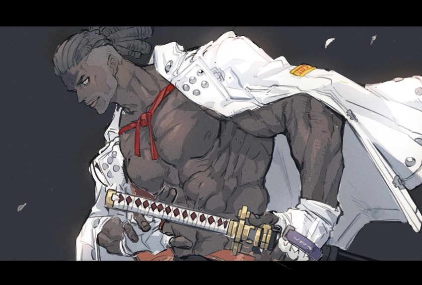 1boy, abs, beard, black_hair, dark_skin, dark_skinned_male, facial_hair, fingerless_gloves