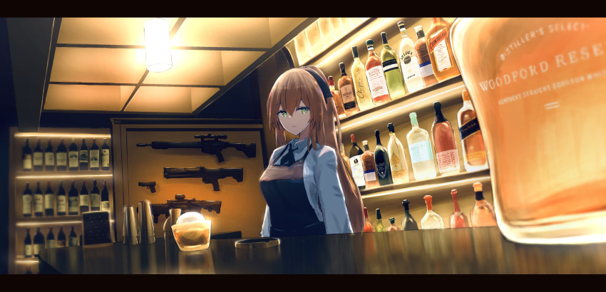 1girl, absurdres, alcohol, alternate_costume, ar-15, bar, bartender, brown_hair