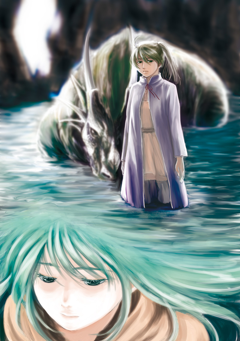 2girls, arms_at_sides, cloak, erin, green_eyes, green_hair, kemono_no_souja_erin, mitsuru_(wish_fly)