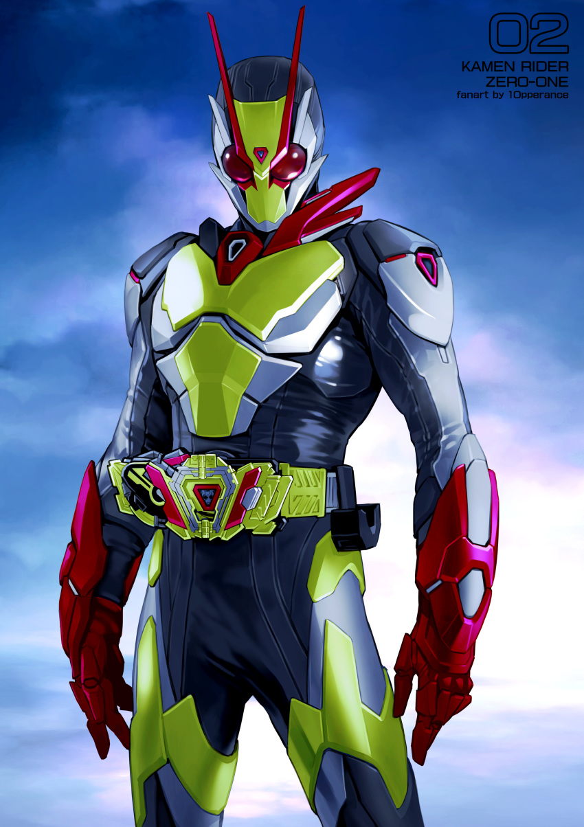1boy, absurdres, antennae, armor, artist_name, belt, blue_background, clouds