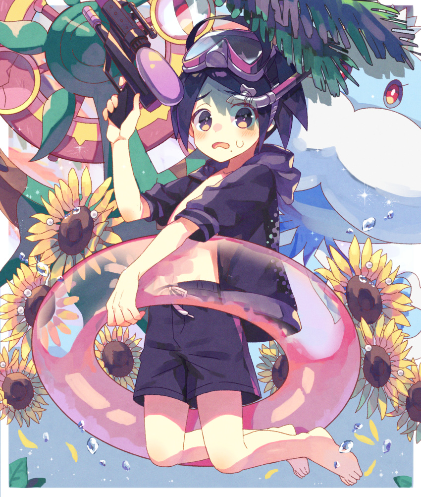 1boy, ahoge, alternate_costume, arm_up, barefoot, black_hair, blush, bubble