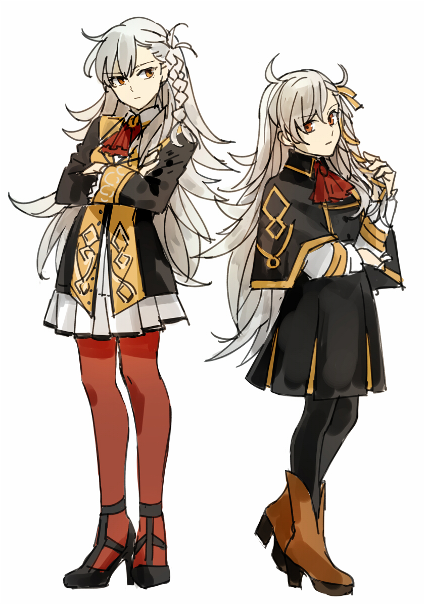 1girl, ahoge, ascot, black_capelet, black_dress, black_legwear, braid, capelet, closed_mouth, crossed_arms, dress, eyebrows_visible_through_hair, fate/grand_order, fate_(series), frills, hair_between_eyes, hair_ornament, hair_ribbon, hand_in_hair, long_hair, long_sleeves, lord_el-melloi_ii_case_files, older, olga_marie_animusphere, orange_legwear, pantyhose, red_neckwear, ribbon, side_braid, simple_background, single_braid, skirt, time_paradox, tsengyun, white_background, white_hair, yellow_eyes, yellow_ribbon, younger