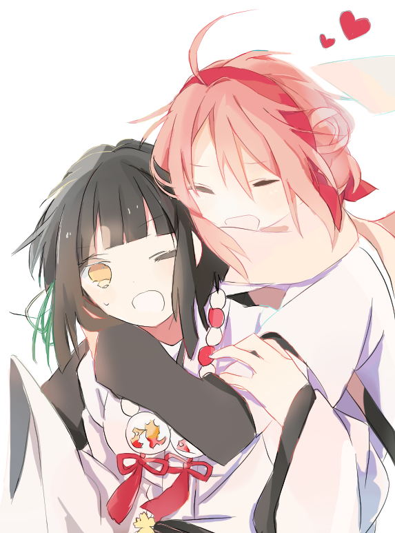 2girls, :o, black_hair, closed_eyes, eruna_hair_orange_not_pink, hairband, hakama, heart