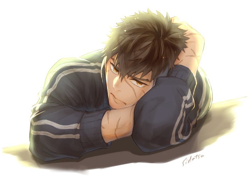 1boy, arm_behind_head, bangs, black_hair, blue_jacket, brown_eyes, closed_mouth, commentary_request