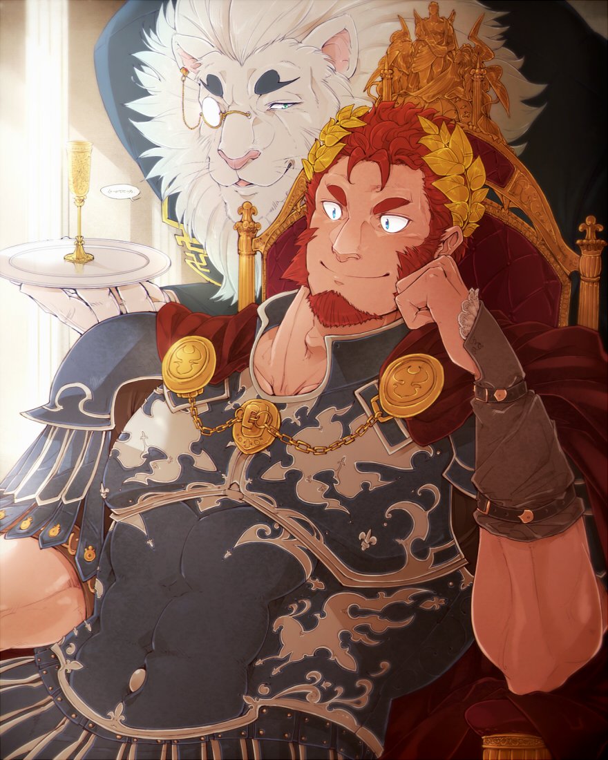 2boys, alternate_costume, armor, bara, blue_eyes, cape, claude_(tokyo_houkago_summoners), columns_ke