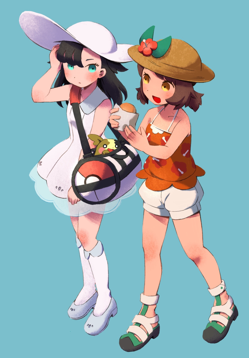 2girls, :d, alternate_costume, arm_up, asymmetrical_bangs, bag, bangs, bare_shoulders