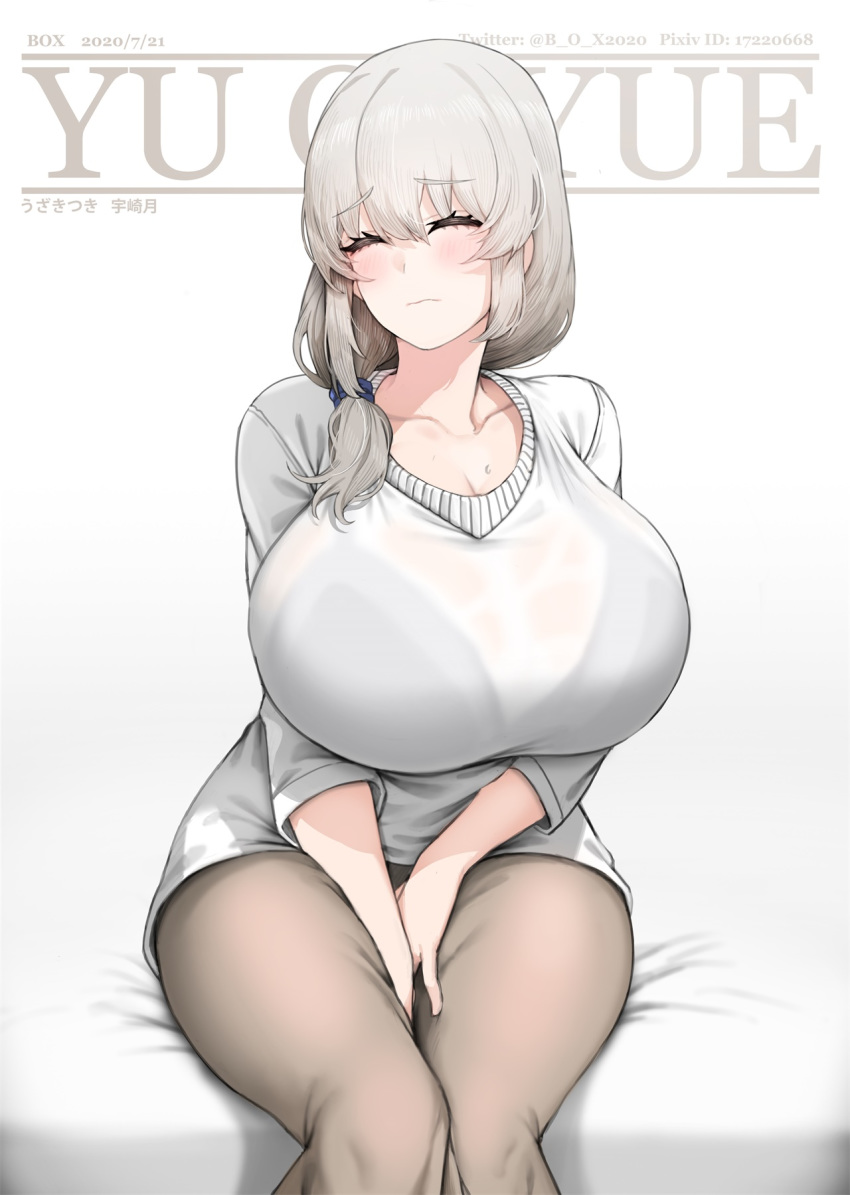 1girl, bangs, bed, beige_pants, between_legs, bra_through_clothes, breasts, closed_eyes