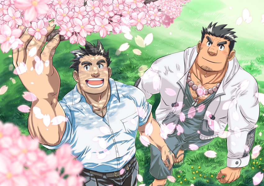 2boys, bara, beard, belt, black_hair, bunta_ru, cherry_blossoms, chest