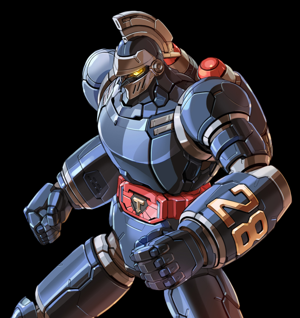 black_background, clenched_hands, fighting_stance, glowing, glowing_eyes, jetpack, looking_down, mecha