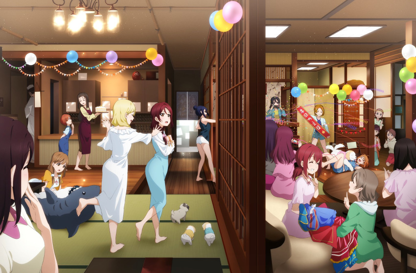 1boy, 6+girls, ahoge, alternate_hairstyle, balloon, bangs, birthday, birthday_cake, birthday_party, black_hair, blonde_hair, blue_hair, brown_eyes, brown_hair, cake, cellphone, commentary, confetti, cousins, dog, family, food, grey_hair, hair_bun, hair_down, hat, highres, itsuki_(love_live!_sunshine!!), kazuno_leah, kazuno_sarah, kougi_hiroshi, kunikida_hanamaru, kurosawa_dia, kurosawa_ruby, light_brown_hair, long_sleeves, love_live!, love_live!_sunshine!!, love_live!_sunshine!!_the_school_idol_movie_over_the_rainbow, low_ponytail, low_twintails, matsuura_kanan, multiple_girls, mutsu_(love_live!_sunshine!!), orange_hair, phone, puppy, purple_hair, redhead, sakurauchi_riko, sakurauchi_riko's_mother, shark_costume, shiitake_(love_live!_sunshine!!), short_sleeves, siblings, sidelocks, sisters, sleeveless, smartphone, takami_chika, takami_chika's_father, takami_chika's_mother, takami_mito, takami_shima, tsushima_yoshiko, twintails, watanabe_tsuki, watanabe_you, yoshimi_(love_live!_sunshine!!)