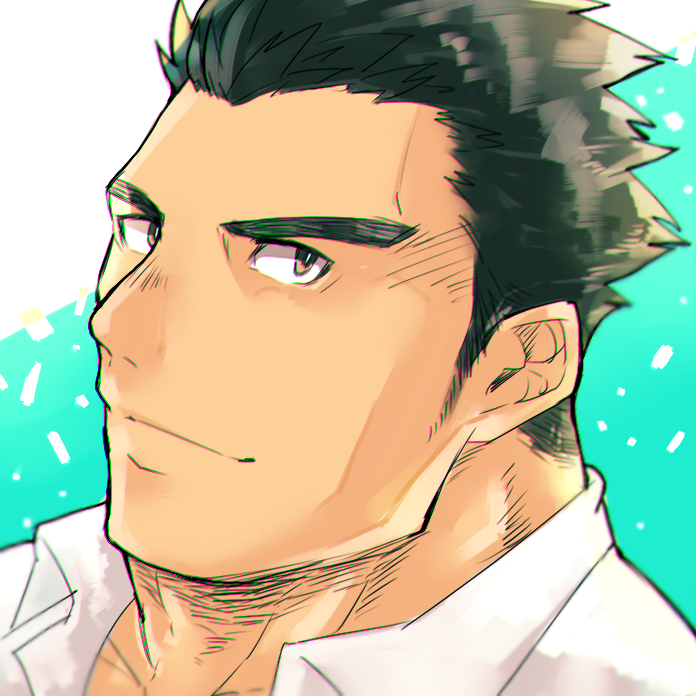 1boy, black_hair, brown_eyes, close-up, face, hiraga0613, light_smile, male_focus, master_3_(tokyo_houkago_summoners), shiny, shiny_hair, shirt, sideburns, simple_background, tokyo_houkago_summoners, upper_body, white_shirt