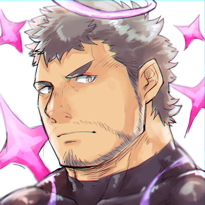 1boy, angel, beard, black_hair, bodysuit, close-up, face, facial_hair, hiraga0613, looking_at_viewer, male_focus, manly, nether_angel_(tokyo_houkago_summoners), simple_background, solo, tokyo_houkago_summoners, upper_body