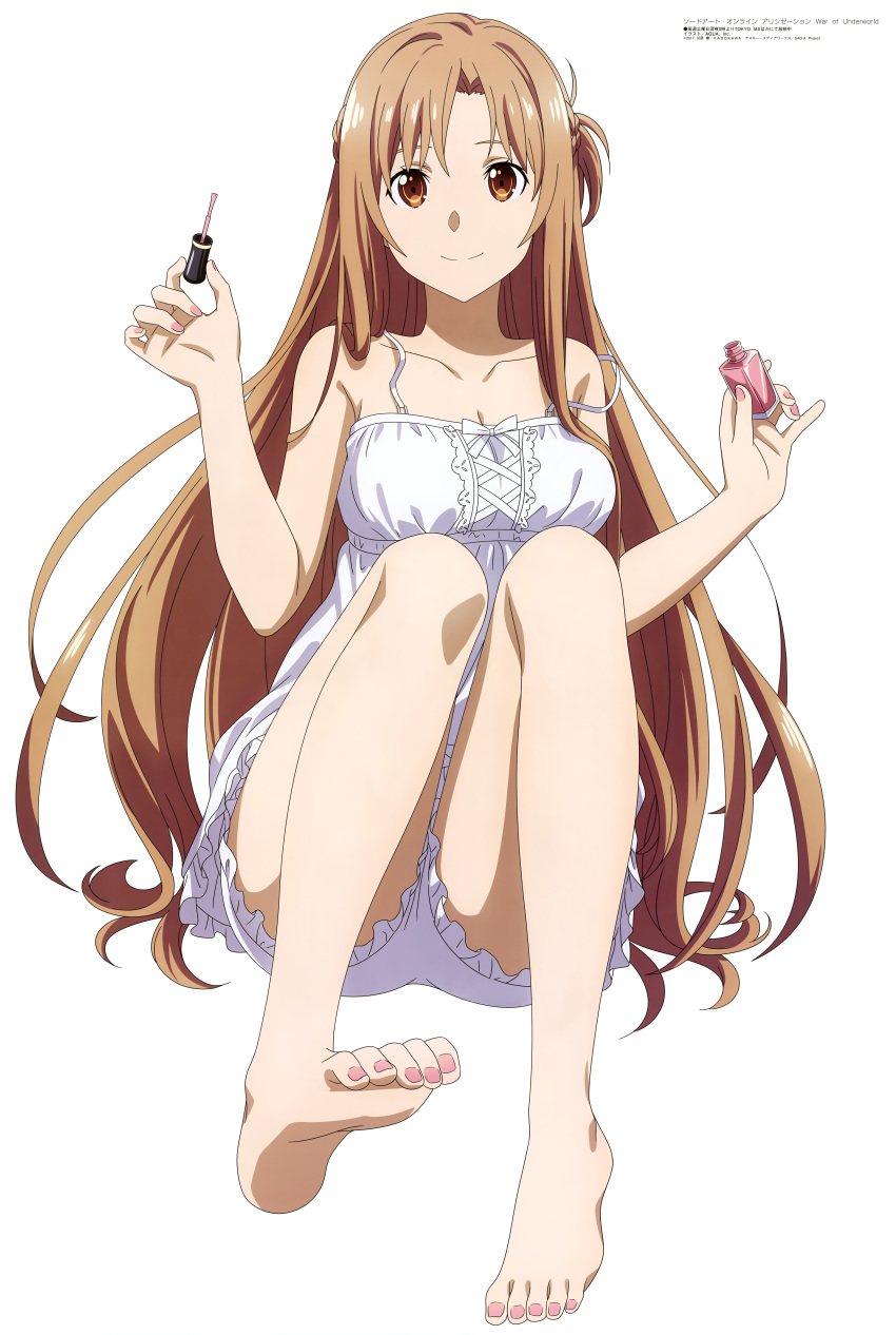 1girl, absurdres, aqua_inc., asuna_(sao), bare_arms, bare_legs, bare_shoulders, barefoot