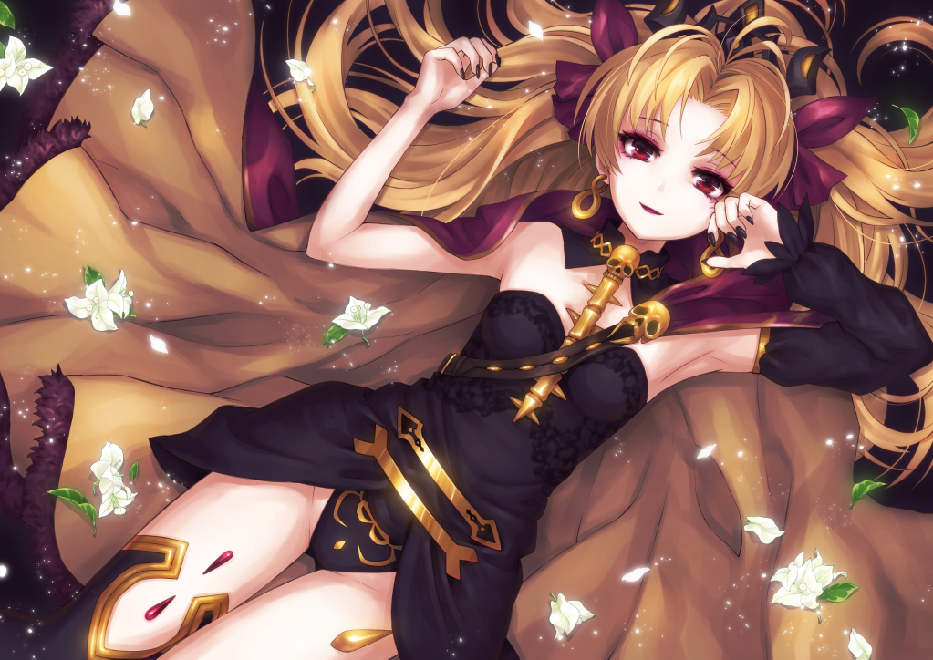 1girl, bangs, black_dress, black_headwear, black_legwear, black_nails, black_panties, bougainvillea_(flower)