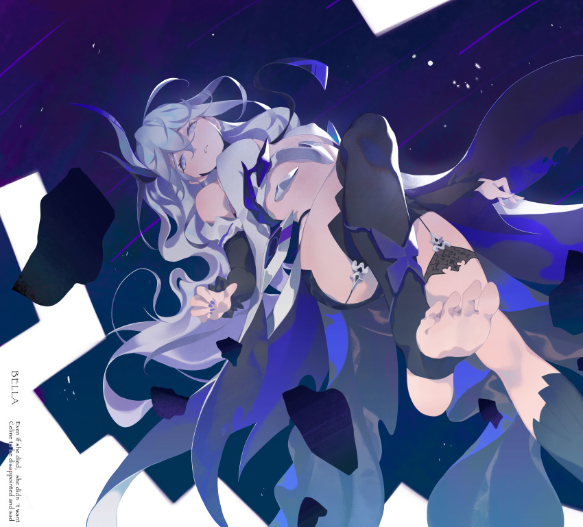 1girl, absurdres, bare_shoulders, barefoot, benares_(honkai_impact), black_legwear, blue_eyes, blue_nails