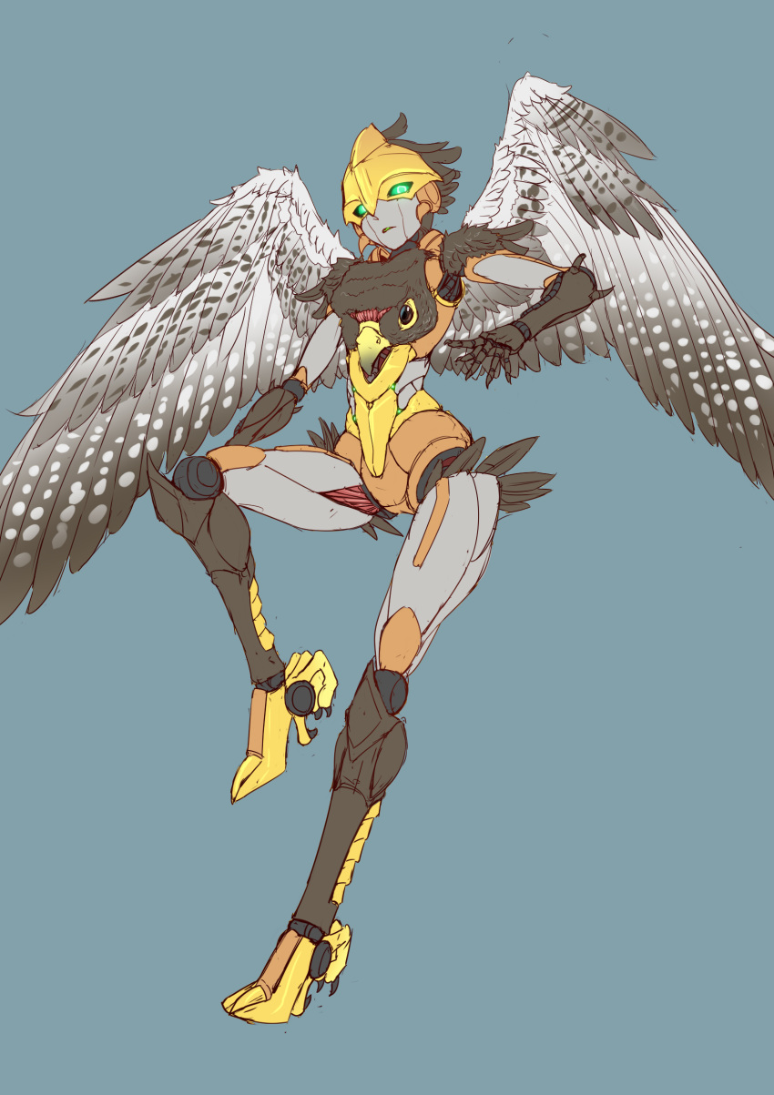 1girl, airazor, aqua_background, beast_wars, chinese_commentary, flying, glowing, glowing_eyes, green_eyes, highres, huai_diao_de_zongzi, leg_up, looking_down, maximal, no_humans, open_hand, solo, transformers, wings