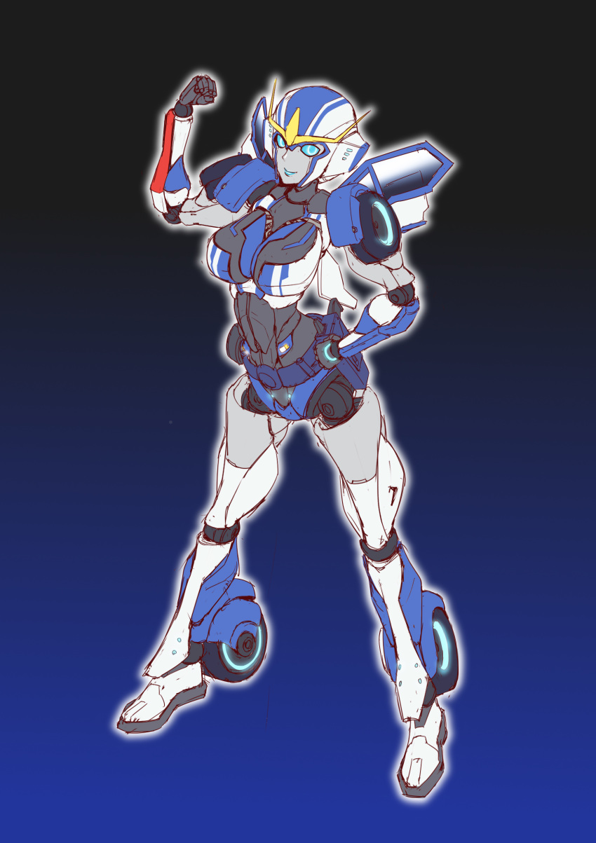 1girl, autobot, blue_eyes, blue_lips, chinese_commentary, clenched_hands, flexing, hand_on_hip