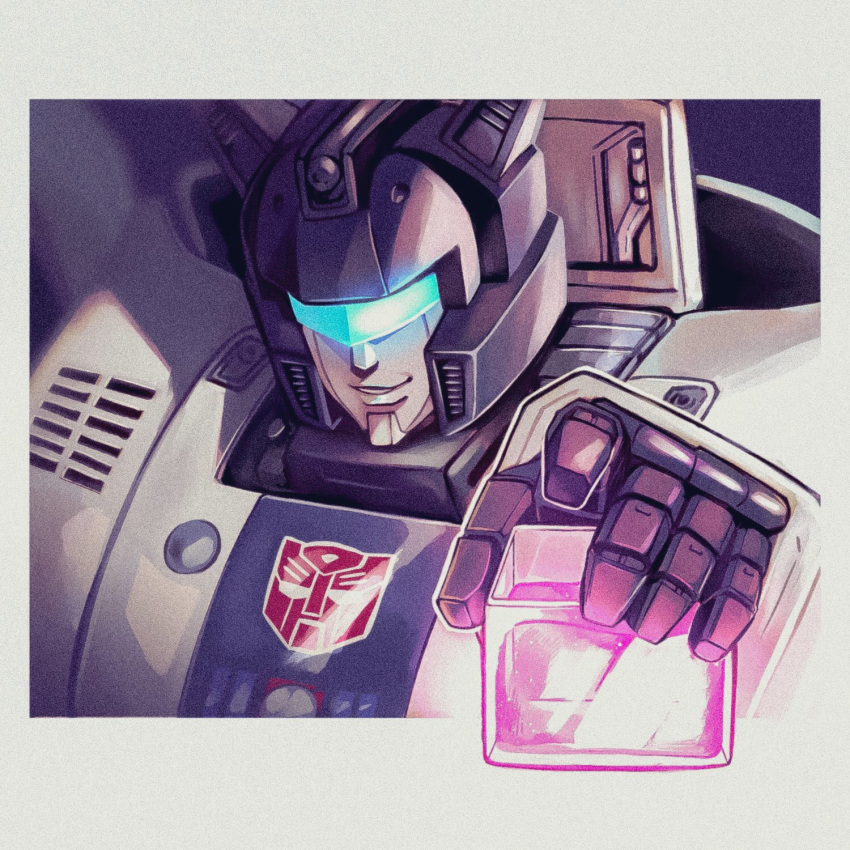1boy, autobot, close-up, energon_cube, highres, holding, insignia, jazz_(transformers)
