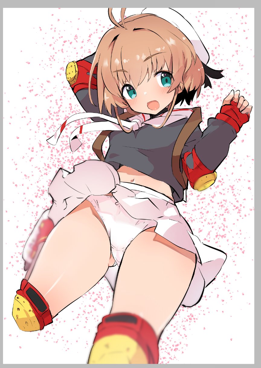 1girl, :d, antenna_hair, arm_up, ass_visible_through_thighs, bangs, beret, black_blouse