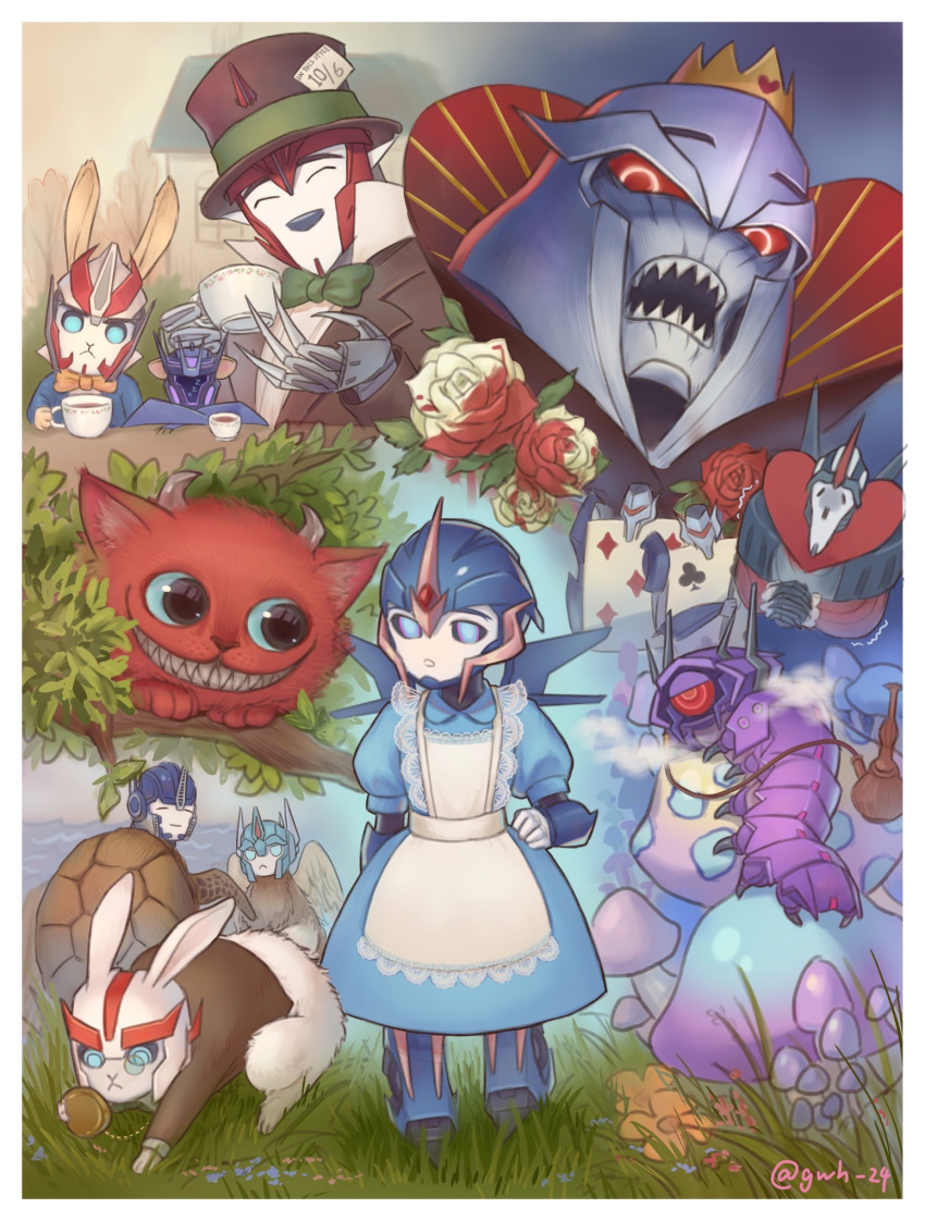^_^, alice_(wonderland), alice_(wonderland)_(cosplay), alice_in_wonderland, arcee, autobot, blue_dress, blue_eyes, caterpillar, cheshire_cat, cliffjumper, closed_eyes, cosplay, crossover, decepticon, dress, fusion, highres, horns, jijing5658, knockout_(transformers), looking_down, mad_hatter, mad_hatter_(cosplay), megatron, monocle, no_humans, open_mouth, optimus_prime, queen_of_hearts, queen_of_hearts_(cosplay), rabbit, red_eyes, shockwave_(transformers), smile, soundwave, starscream, transformers, transformers_prime, ultra_magnus, v-fin, vehicon