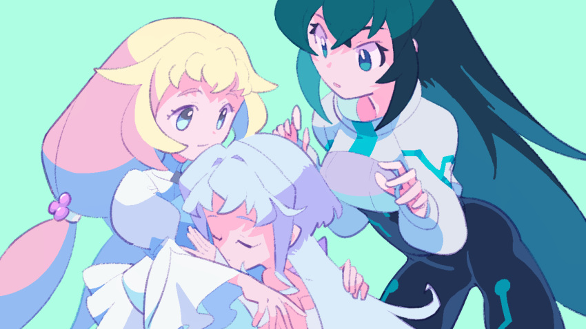 2nacl, 3girls, aqua_eyes, blonde_hair, blue_background, blue_eyes, bodysuit_under_clothes, closed_eyes, dress, eve_(gundam_build_divers_re:rise), green_hair, gundam, gundam_build_divers, gundam_build_divers_re:rise, hug, long_hair, looking_down, low-tied_long_hair, may_(gundam_build_divers_re:rise), multiple_girls, sara_(gundam_build_divers), shrug_(clothing), very_long_hair, white_dress