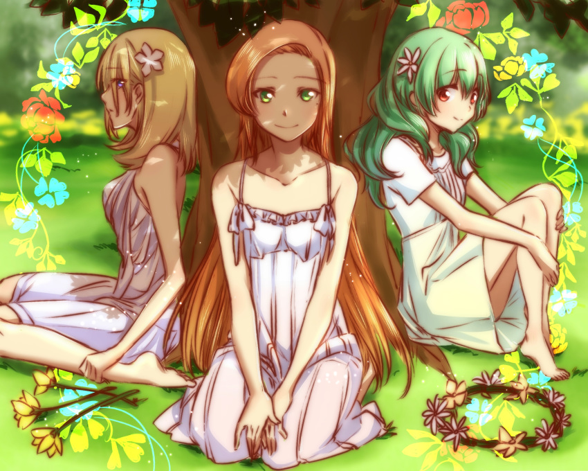 3girls, against_tree, bangs, barefoot, blonde_hair, blue_eyes, blurry, blurry_background