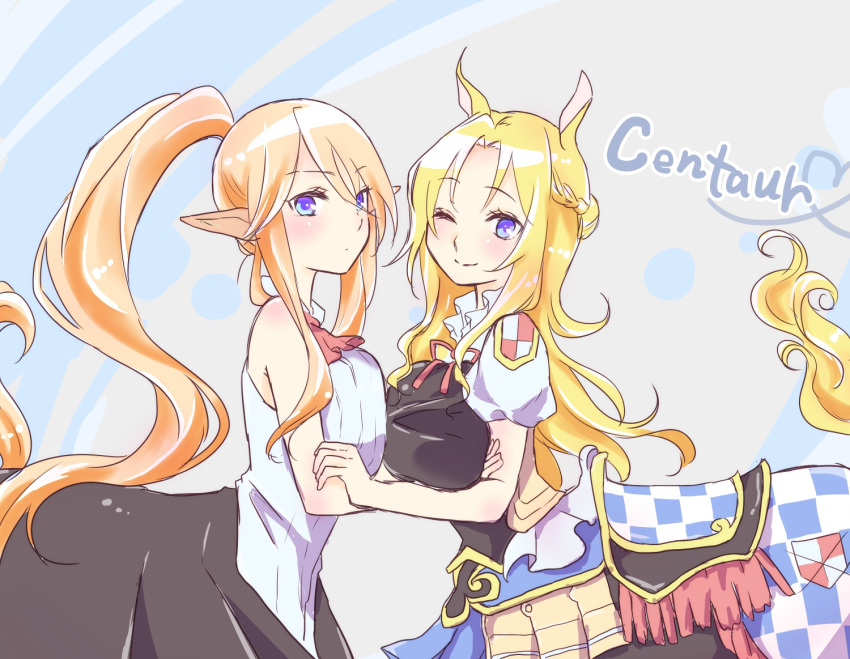 2girls, ;), animal_ears, ascot, bangs, bare_arms, bare_shoulders, blonde_hair