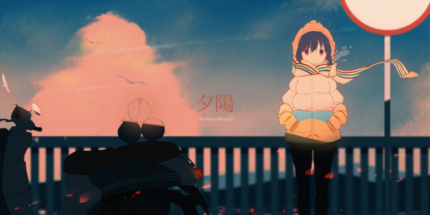 1girl, animal, artist_name, bird, black_pants, blue_hair, clouds, dusk