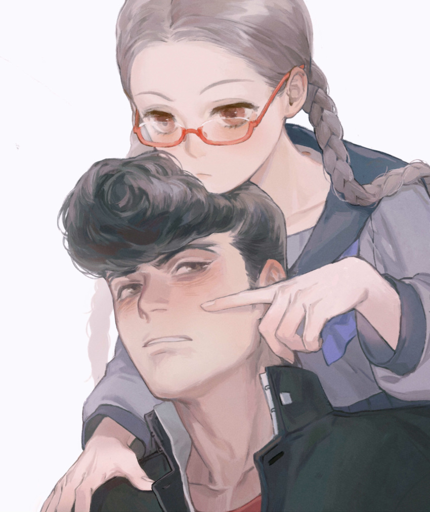 1boy, 1girl, absurdres, black_hair, blue_neckwear, blush, braid, brown_eyes