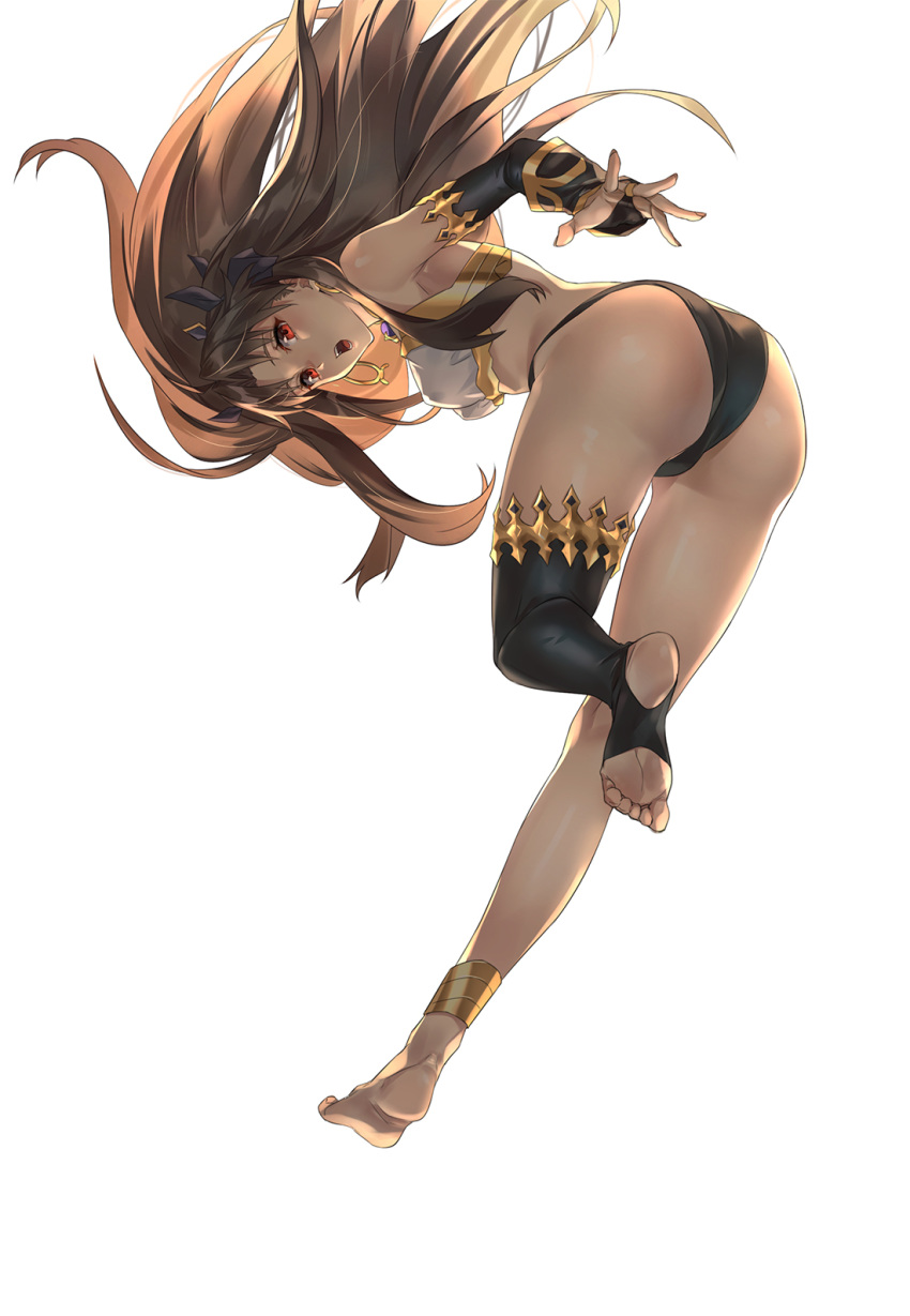 1girl, ahoge, anklet, armlet, ass, asymmetrical_legwear, asymmetrical_sleeves, backlighting