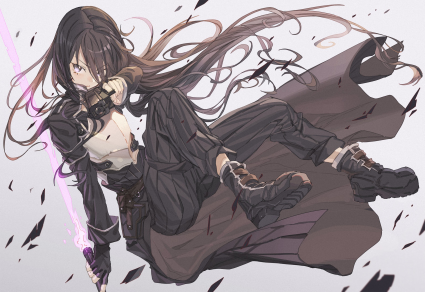 1boy, absurdres, androgynous, beam_saber, black_coat, black_eyes, black_hair, black_pants