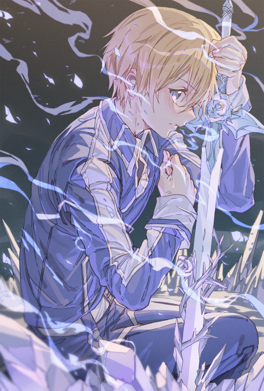 1boy, blonde_hair, blue_eyes, blue_flower, blue_pants, blue_rose, blue_rose_sword, blush