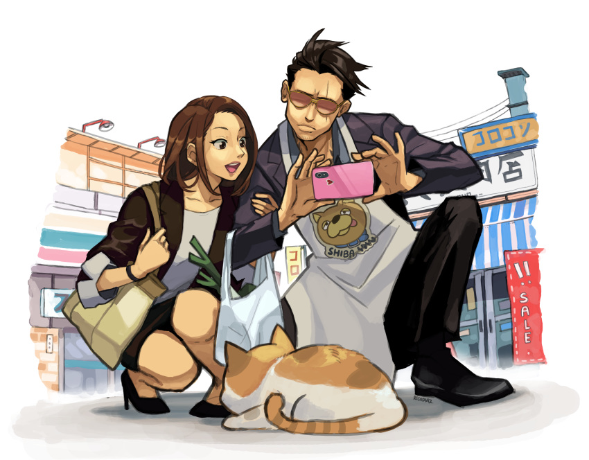1boy, 1girl, absurdres, apron, bag, brown_hair, cat, cellphone