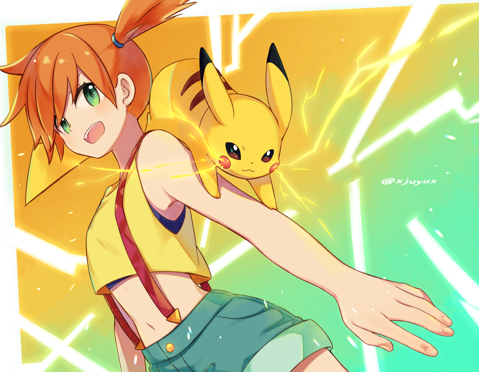 1girl, artist_name, bangs, commentary_request, electricity, eyelashes, fingernails, gen_1_pokemon, green_eyes, hair_tie, jiyuu_(xjuyux), kasumi_(pokemon), looking_to_the_side, open_mouth, orange_hair, pikachu, pokemon, pokemon_(anime), pokemon_(classic_anime), pokemon_(creature), pokemon_on_arm, short_hair, shorts, side_ponytail, suspender_shorts, suspenders, tank_top, teeth, tied_hair, tongue, upper_teeth, yellow_tank_top